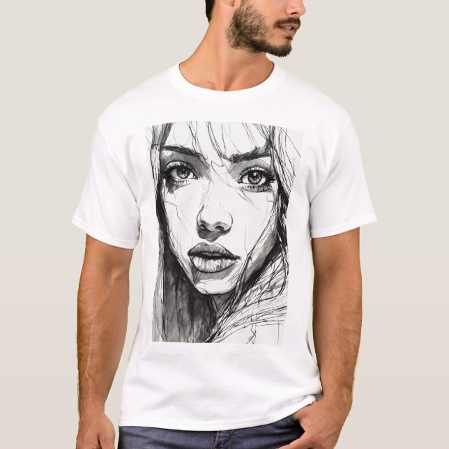 Ethereal Gaze: Scratchy Pen Portrait T-Shirt (Front)