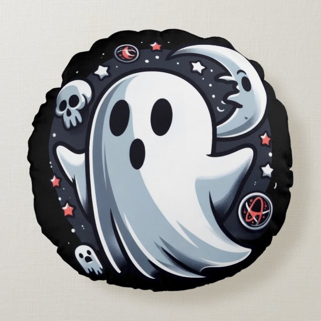 Ethereal Ghost with Moon & Skulls Spooky Halloween Round Cushion (Front)