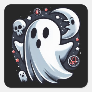 Ethereal Ghost with Moon & Skulls Spooky Halloween Square Sticker
