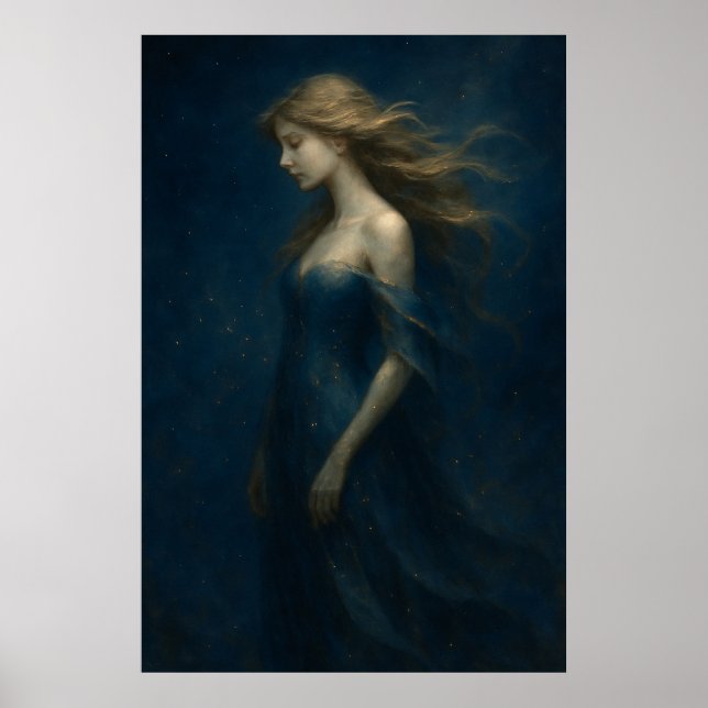 Ethereal Girl in Blue Dress – Dreamy Fantasy Art Poster (Front)