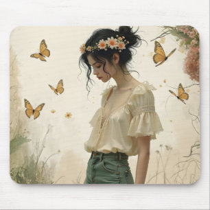 Ethereal Girl with Butterflies in Nature Mouse Pad