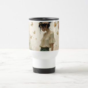 Ethereal Girl with Butterflies in Nature Travel Mug