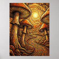 Ethereal Glowing Golden Mushroom Dark Forest Path