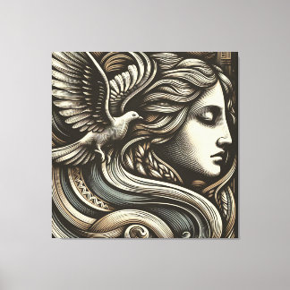  Ethereal Goddess with Dove - Engraved Woodcut Sty Canvas Print