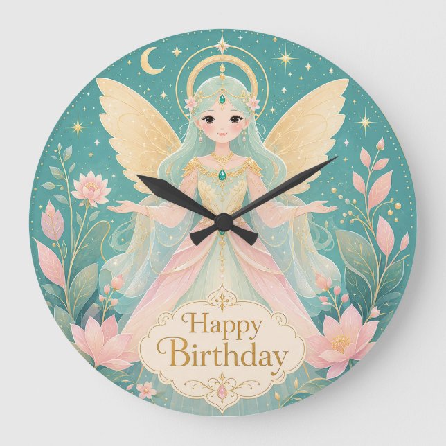 Ethereal Golden-Winged Fairy Angel Large Clock (Front)