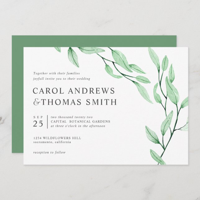 Ethereal Green | Chic Botanical Leaves wedding Invitation (Front/Back)