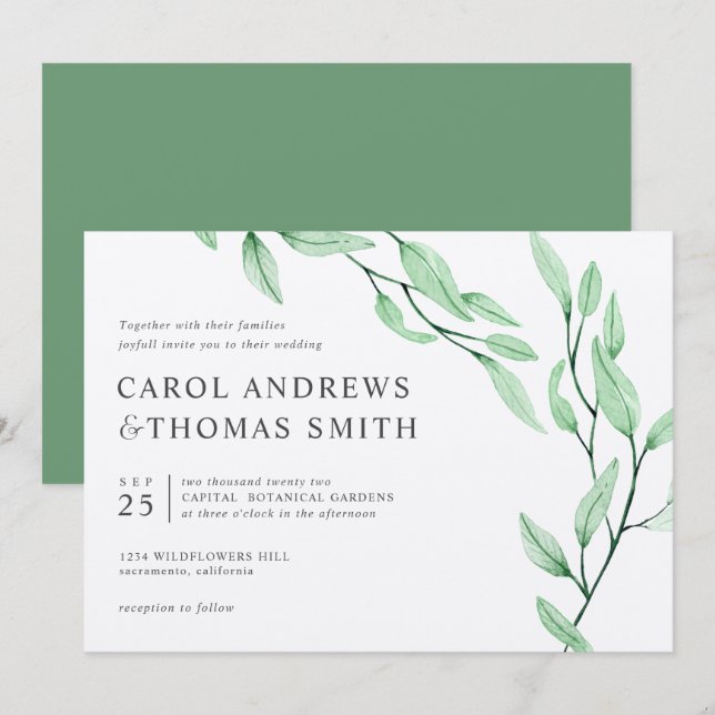 Ethereal Green | Chic Botanical Leaves wedding Invitation (Front/Back)