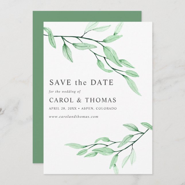 Ethereal Green | chic VERTICAL save the date Invitation (Front/Back)