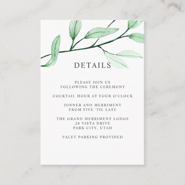Ethereal green  WEDDING Hotel detail Accommodation Enclosure Card (Front)