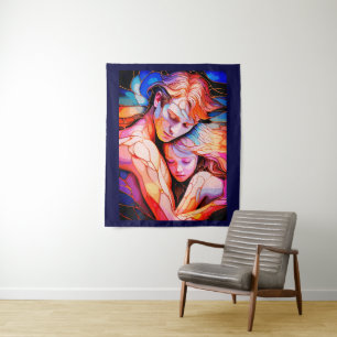 Ethereal Guardian Embrace – Fantasy Stained Glass Tapestry
