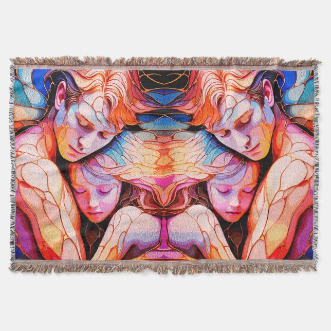 Ethereal Guardian Embrace – Fantasy Stained Glass Throw Blanket (Front)