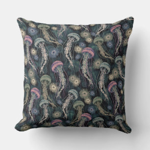 Ethereal Jellyfish and Anemones in Teal and Pink Cushion