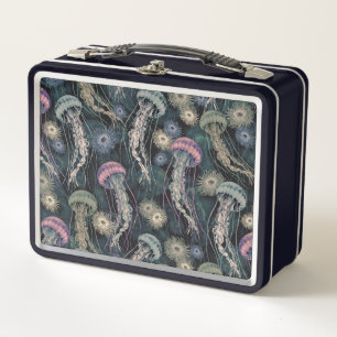 Ethereal Jellyfish and Anemones in Teal & Pink Metal Lunch Box