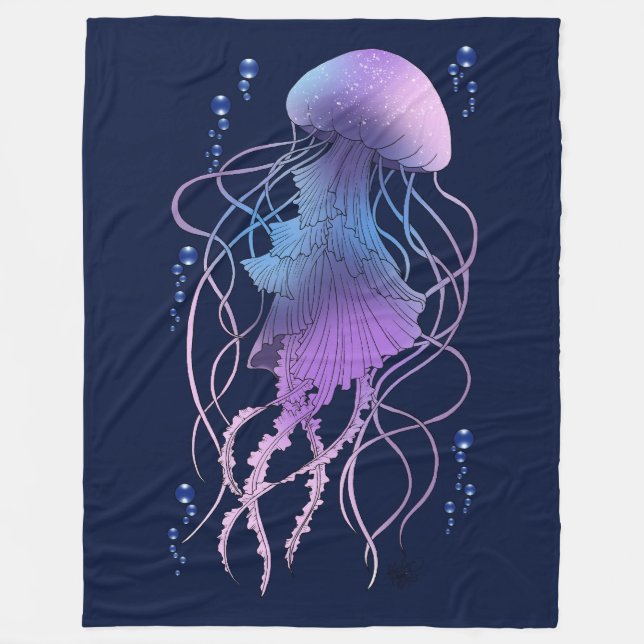Ethereal Jellyfish Violet Blue Fleece Blanket (Front)