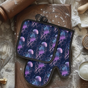 Ethereal Jellyfish Violet Blue Oven Mitt & Pot Holder Set
