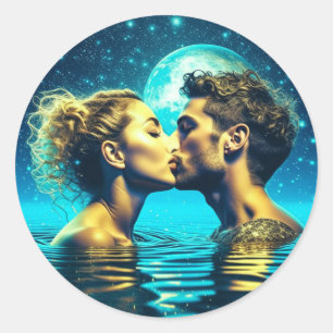 Ethereal Kiss Under the Moon in the Calm Ocean Classic Round Sticker