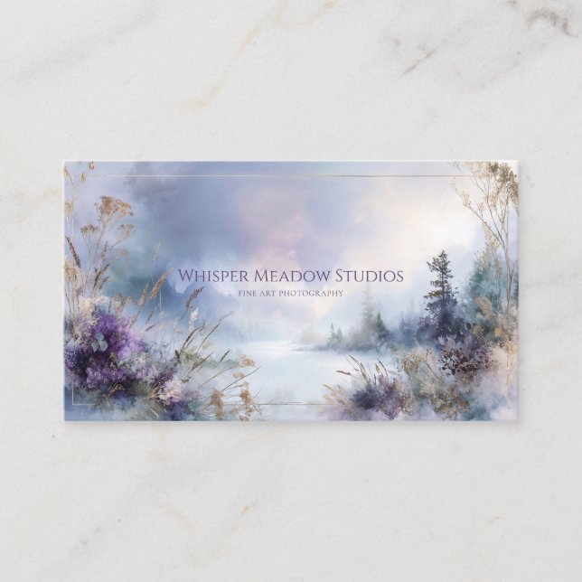 Ethereal Lavender and Gold Mountain Lake Business Card (Front)