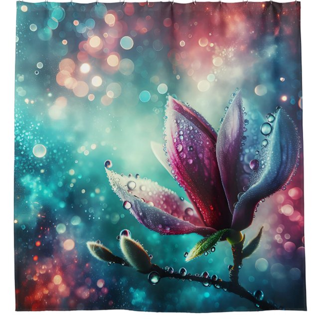 “Ethereal Magnolia: Raindrops on Petals" Shower Curtain (Front)