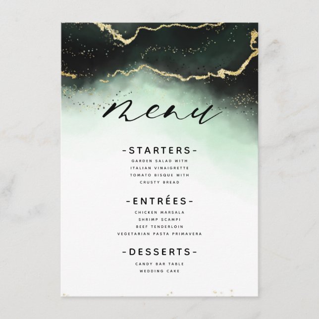 Ethereal Mist Ombre Emerald Green Gilded Dinner Menu (Front)