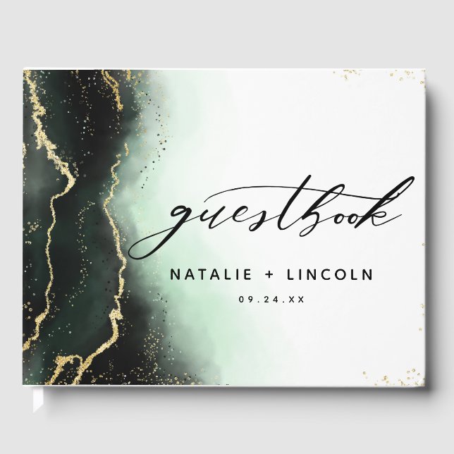 Ethereal Mist Ombre Emerald Green Gilded Wedding Guest Book (Front)