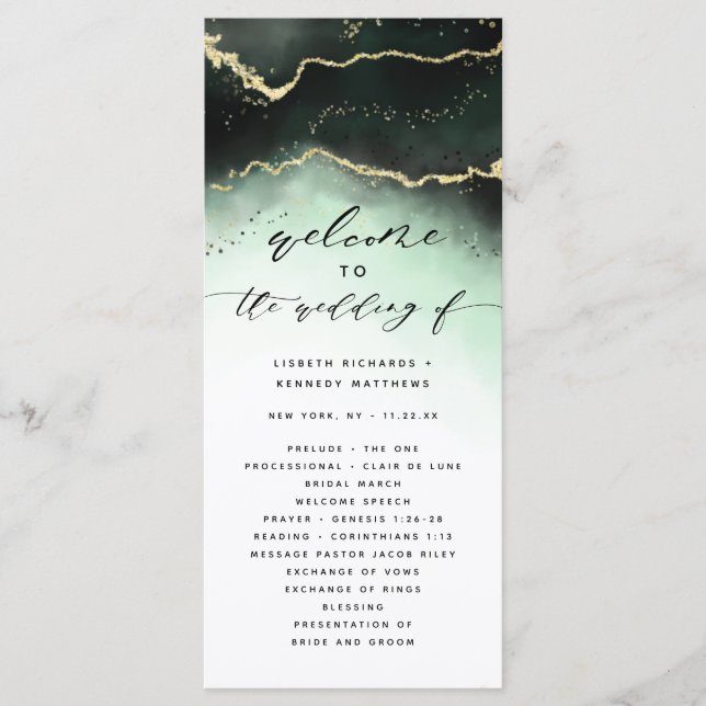 Ethereal Mist Ombre Emerald Green Wedding Ceremony Programme (Front)