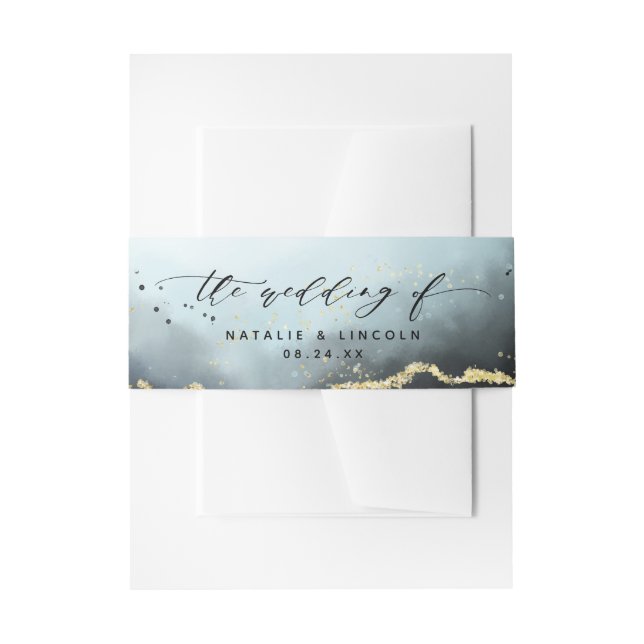 Ethereal Mist Ombre Navy Blue Wedding Monogram Invitation Belly Band (Front Example)