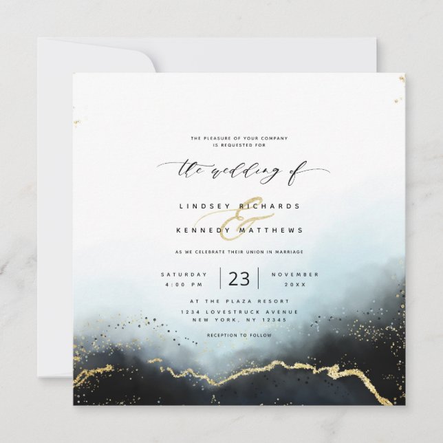 Ethereal Mist Ombre Navy Luxury Square Wedding Invitation (Front)