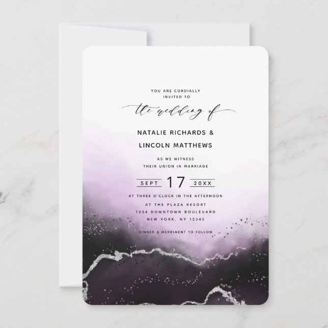 Ethereal Mist Ombre Ultra Violet Silver Wedding Invitation (Front)