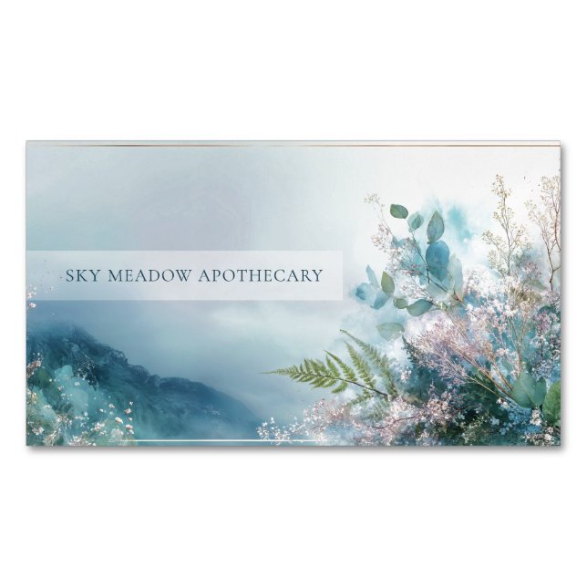 Ethereal Misty Mountain Botanical Gold Frame Magnetic Business Card (Front)