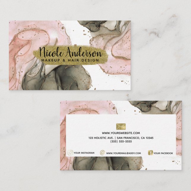 Ethereal Moody Pink Black Gold Inky Fantasy Glam Business Card (Front/Back)