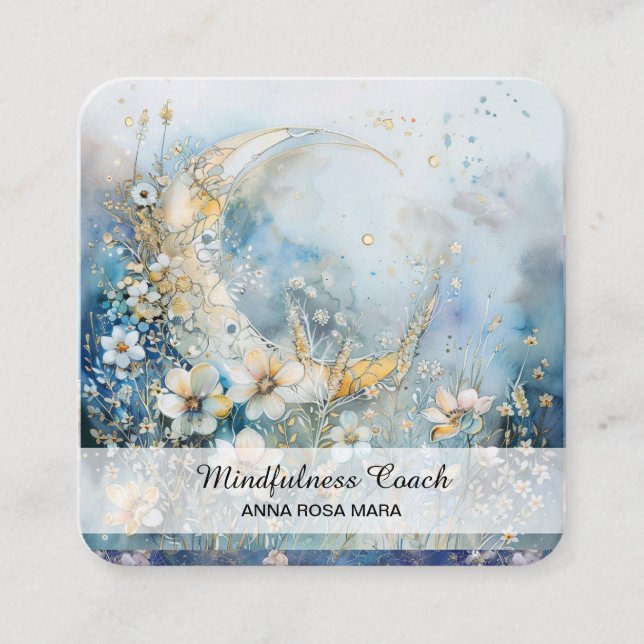*~* Ethereal Moon White Flowers QR Floral AP70 Square Business Card (Front)