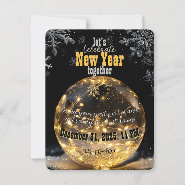 Ethereal New Year Crystal Orb Golden Fairy Lights  Invitation (Front)