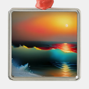 Ethereal Ocean and Sunset AI Art Metal Tree Decoration