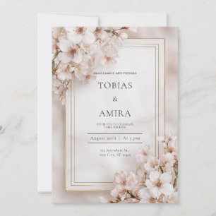 Ethereal Pink Cherry Blossom Gold Frame Wedding Invitation