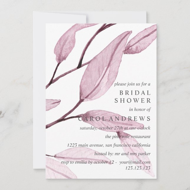 Ethereal Pink | Leafy  Bridal Shower Wedding Invitation (Front)