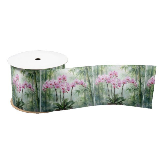 Ethereal Pink Orchids and Bamboo Satin Ribbon (Spool)