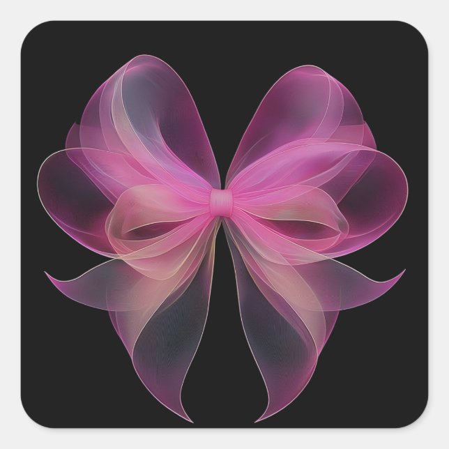 Ethereal Pink Tulle Bow on Black Background Square Sticker (Front)