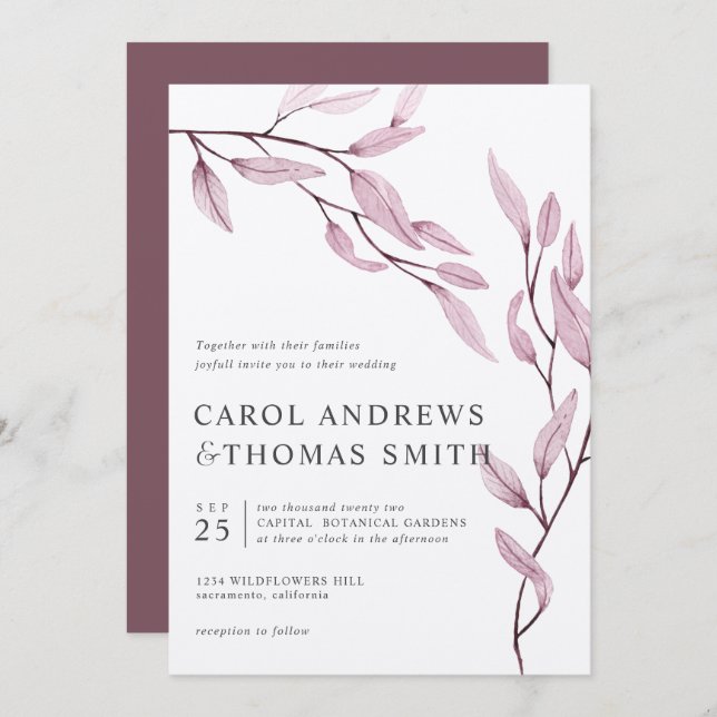 Ethereal Pink | Vertical  Botanical Leaves wedding Invitation (Front/Back)