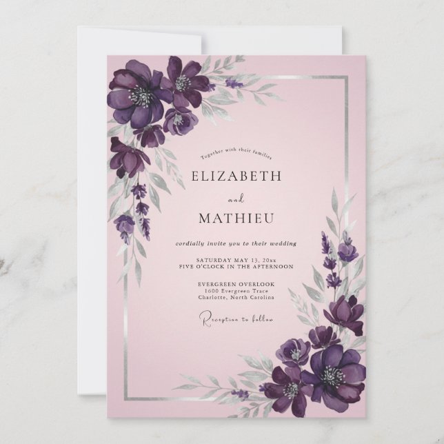 Ethereal Plum Painted Petal Wedding Invitation (Front)