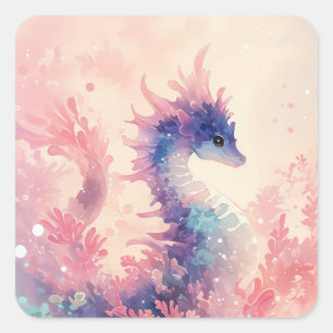 Ethereal Purple and Teal Watercolor Seahorse Square Sticker