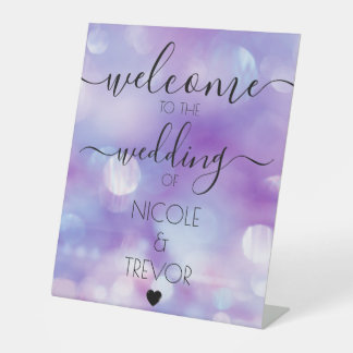 Ethereal Purple Calligraphy Custom Wedding Welcome Pedestal Sign
