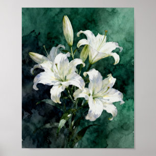 Ethereal Radiance: A Study of White Lilies in Deep Poster