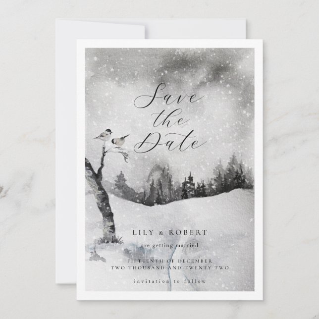 Ethereal Snowy Forest Winter Wedding Save The Date (Front)