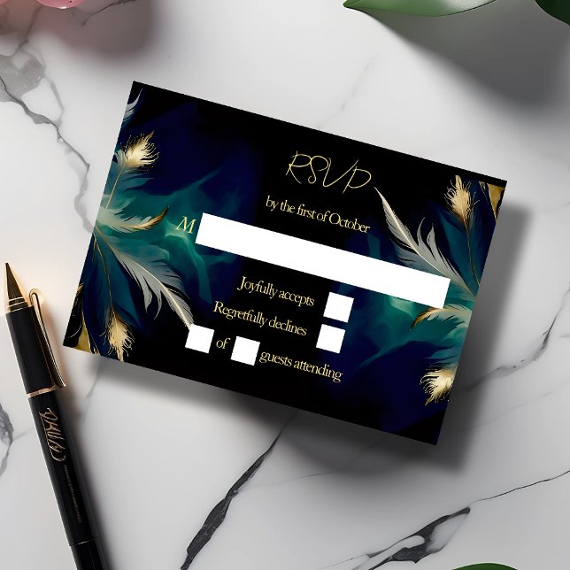Ethereal teal blue black gold feather wedding  RSVP card (Creator Uploaded)