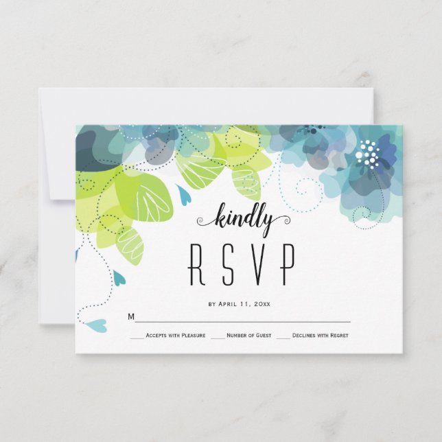Ethereal teal, blue flowers floral wedding RSVP Card (Front)