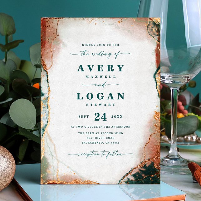 Ethereal Teal & Copper Magnetic Wedding Invitation (Teal and Copper Abstract Wedding Magnetic Invitation)
