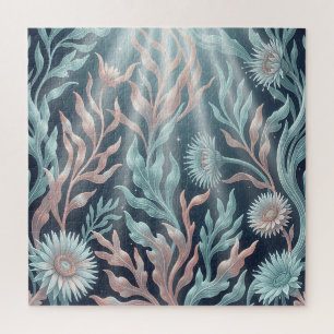 Ethereal Teal Coral Seaweed Aquatic Floral Pattern Jigsaw Puzzle