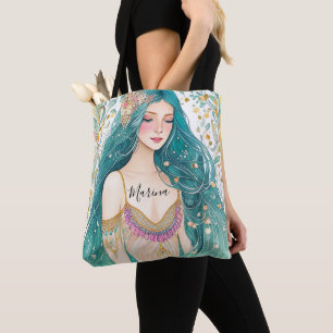 Ethereal Teal Gold Mermaid Princess Floral Fantasy Tote Bag