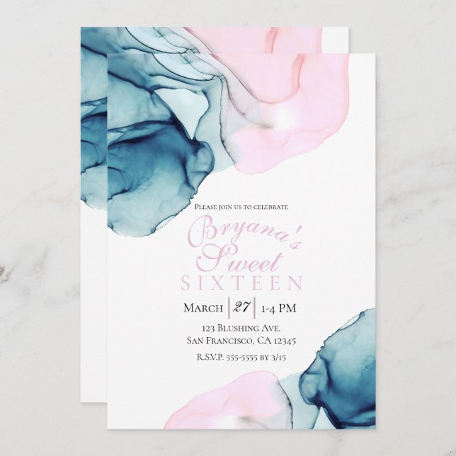 Ethereal Teal Pink Elegant Inky Modern Sweet 16 Invitation (Front/Back)