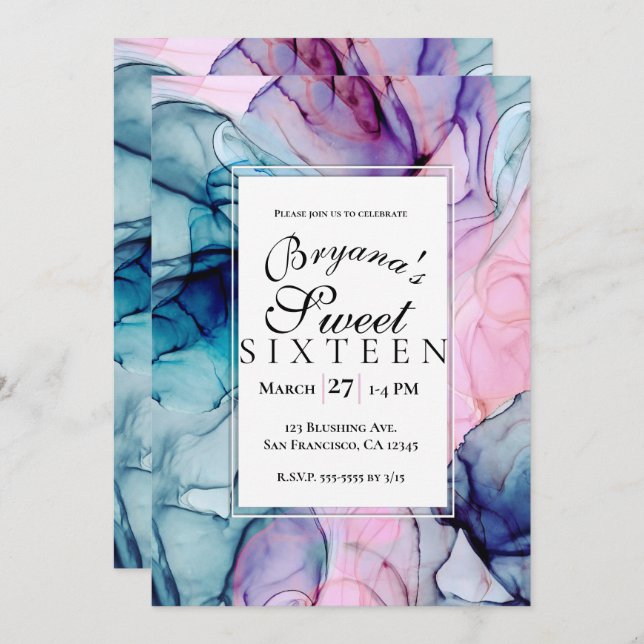 Ethereal Teal Pink Purple Ink Modern Glam Sweet 16 Invitation (Front/Back)
